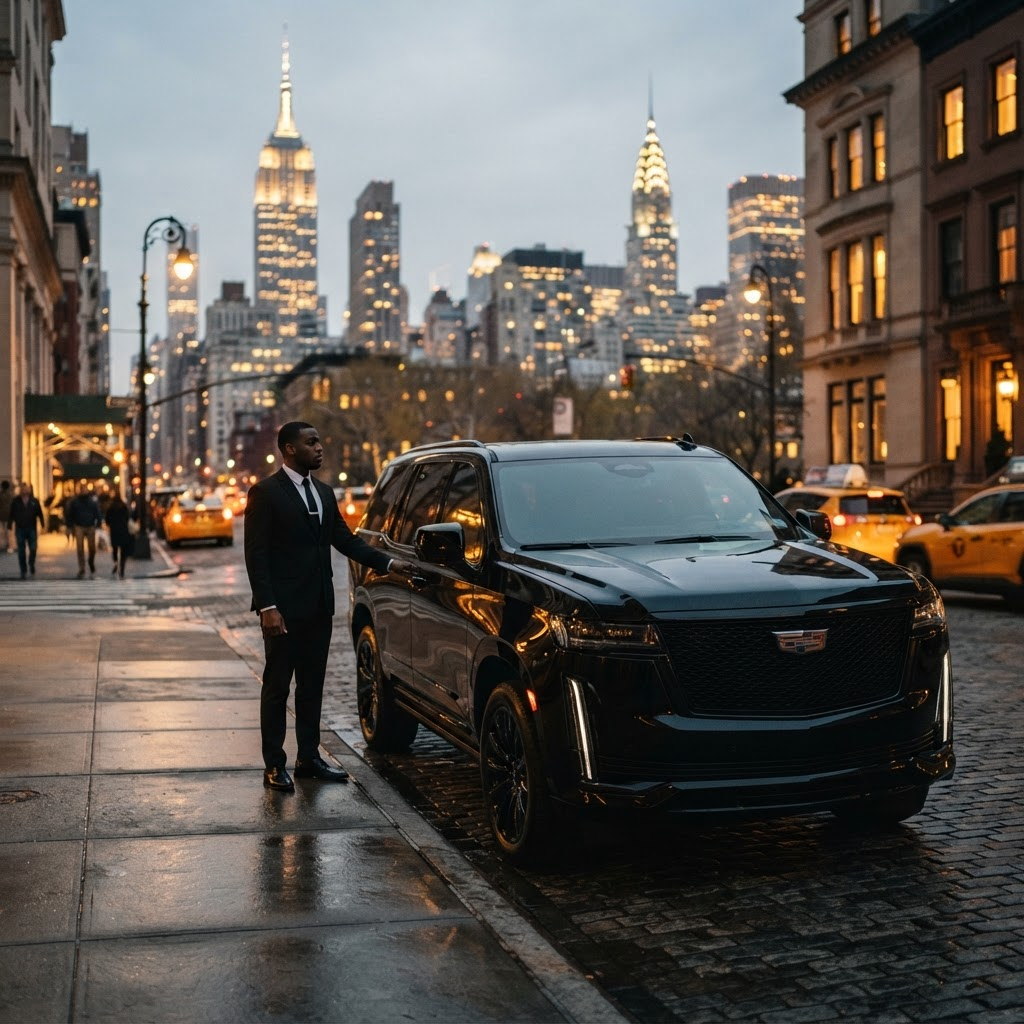 Professional chauffeur beside a blacked-out Cadillac Escalade with the New York City skyline in the background