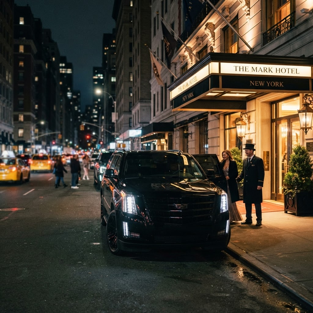 Blacked-out Cadillac Escalade parked in front of an elegant Manhattan luxury hotel entrance at night