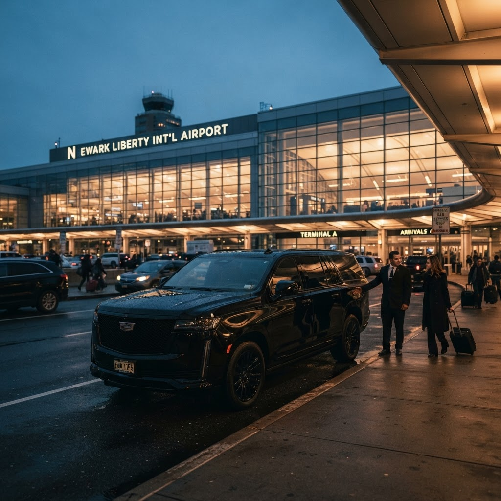 Blacked-out Cadillac Escalade outside a Newark Liberty airport terminal at dusk