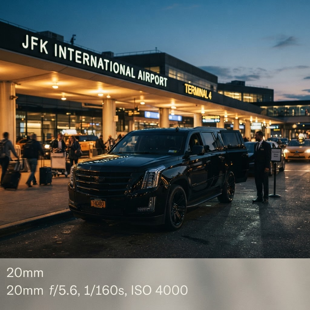 Luxury chauffeur beside a black SUV outside a JFK airport terminal at dusk