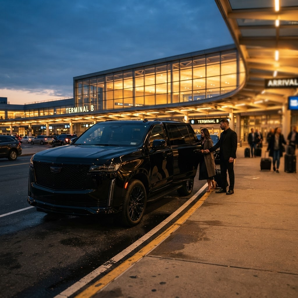 Blacked-out Cadillac Escalade outside a LaGuardia airport terminal at dusk