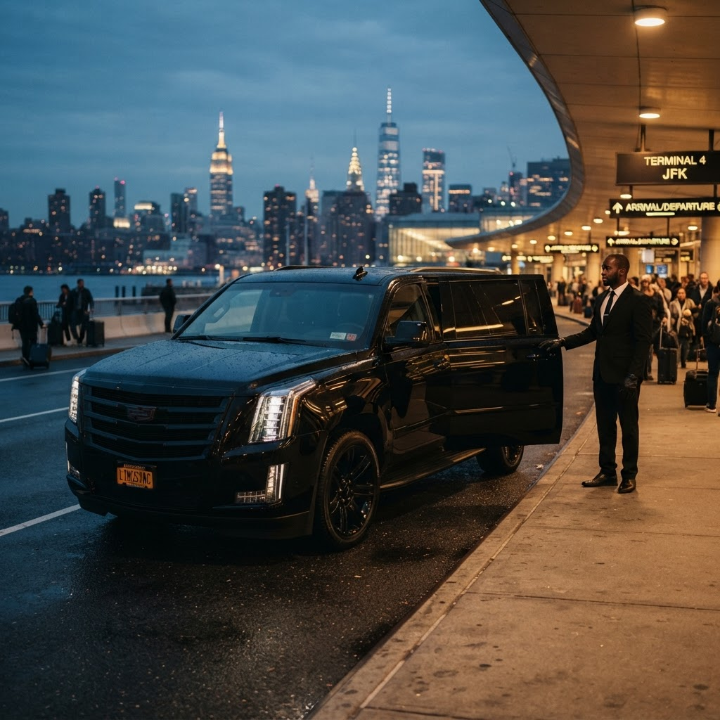 Luxury chauffeur beside a black SUV outside a New York City airport terminal at dusk
