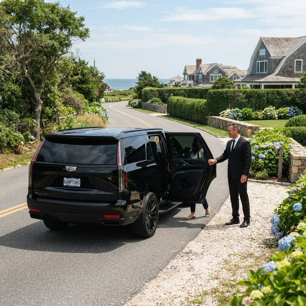 Chauffeur opening the door of a blacked-out Cadillac Escalade in Suffolk County, NY